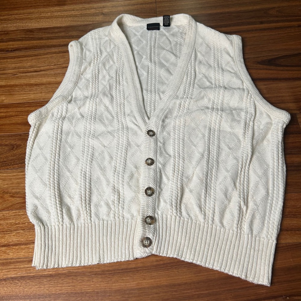 Vintage‎ Structure Men's XL Cream Cable Knit Button Down Sweater Vest  90s